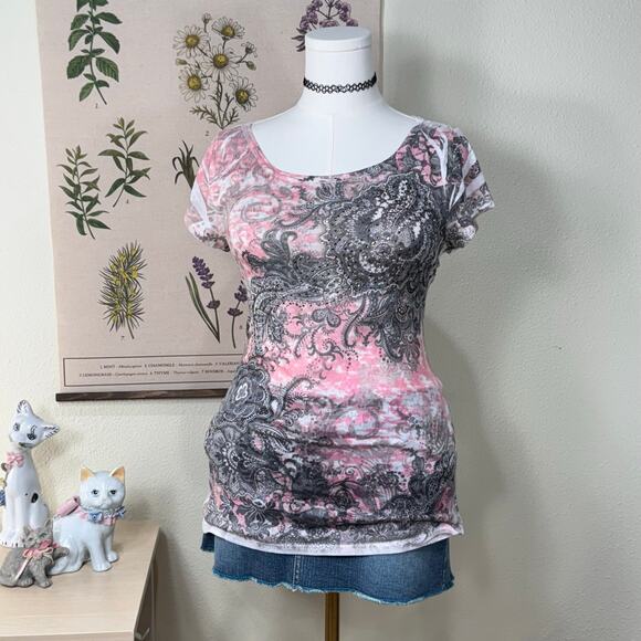 Vintage 90s Y2k Pink Gray Floral Sheer Back Embellished Top Grunge McBling L - Picture 1 of 7